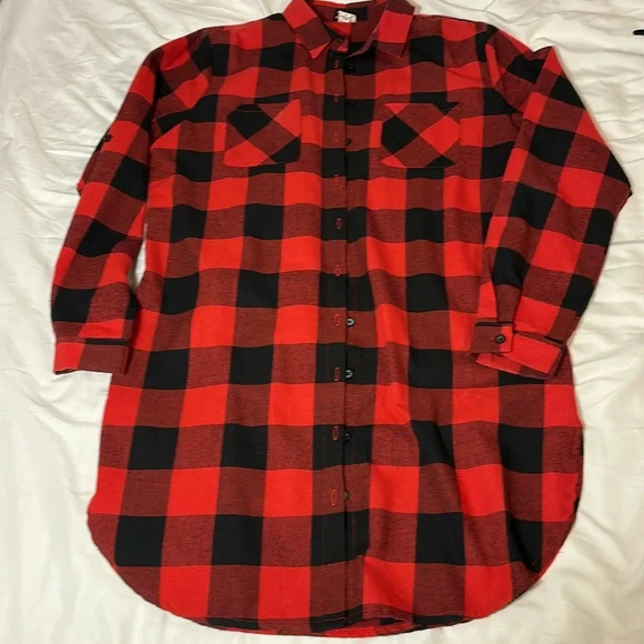 Tops - Women's oversized flannel shirt dress buffalo plaid
